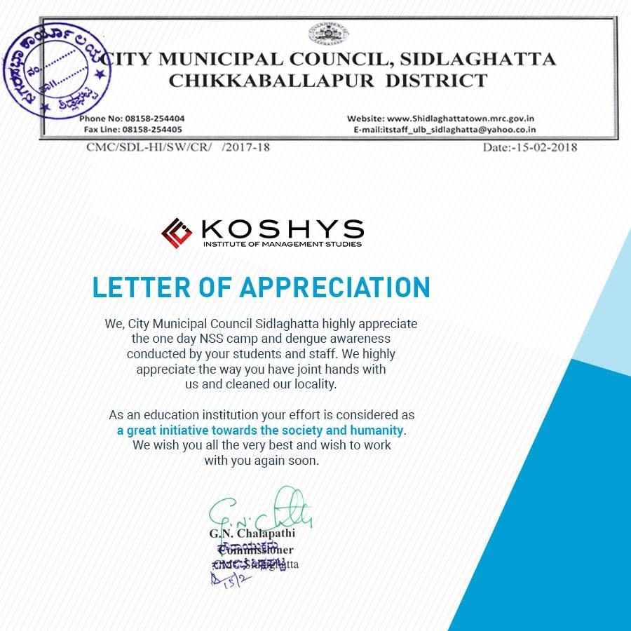Koshys Institute of Management Studies Bangalore Letter Of Appreciation photo 1