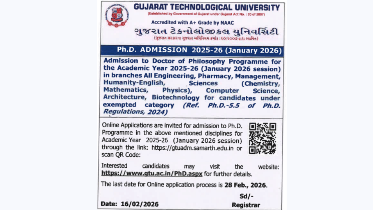 GTU PhD January Session Admission 2026 @gtuadm.samarth.edu.in.