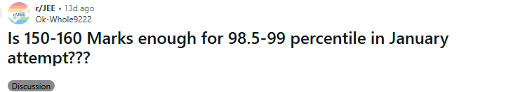 160 Marks in JEE Mains Percentile Reddit Discussion