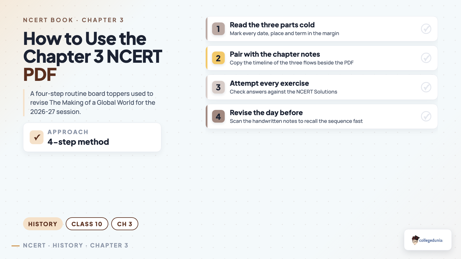 How to use the NCERT Class 10 History Chapter 3 PDF for revision: read the three parts cold, pair with notes, attempt exercises, scan handwritten notes before the exam
