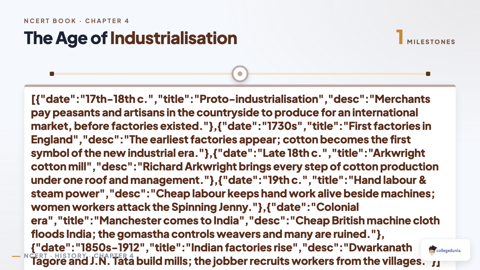 Timeline of The Age of Industrialisation for Class 10 History: proto-industrialisation, first factories in the 1730s, Arkwright cotton mill, hand labour and steam power, Manchester comes to India, and the rise of Indian factories under Tagore and Tata