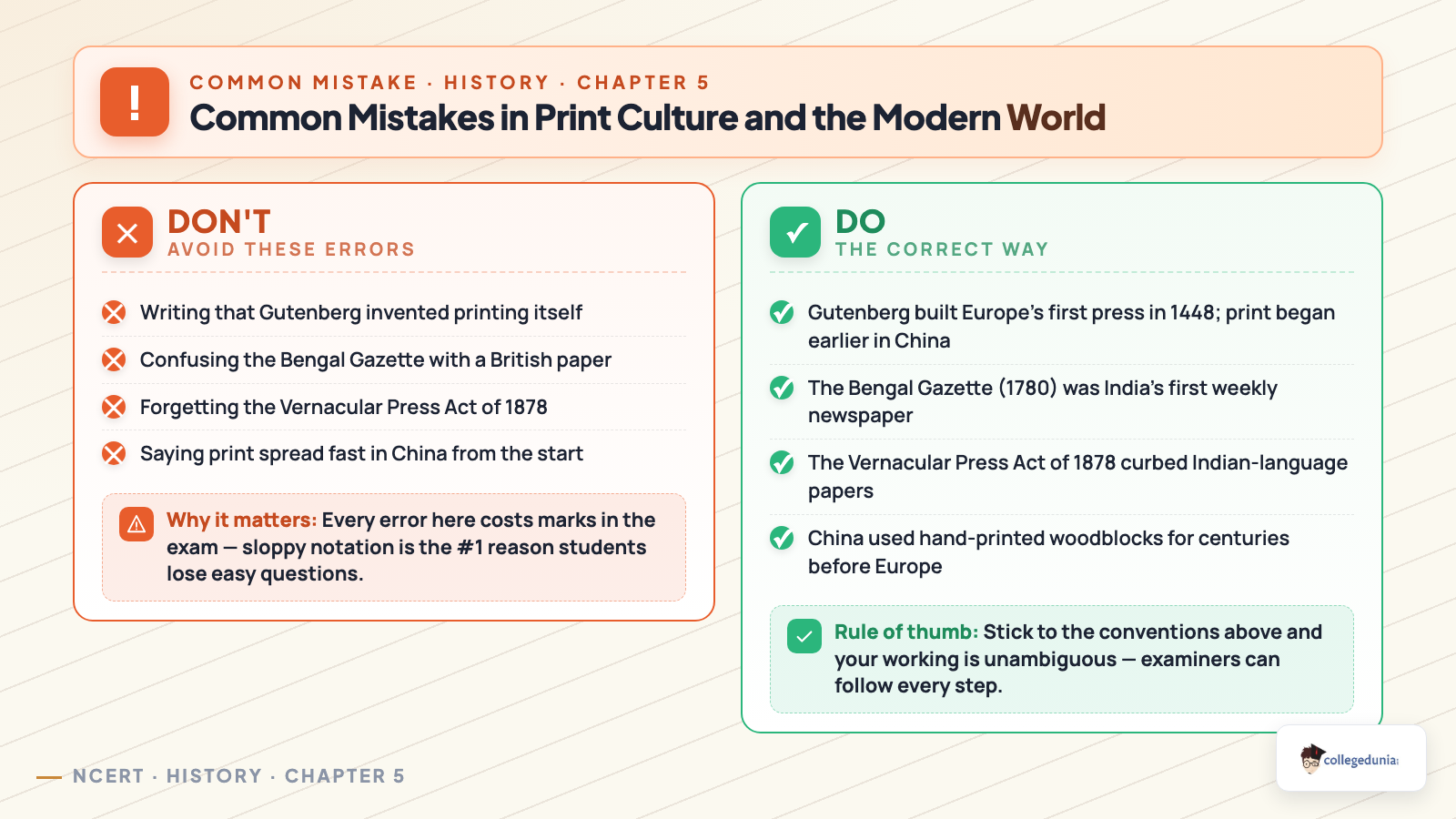 Common mistakes students make in Print Culture and the Modern World Class 10 History Chapter 5 with corrections