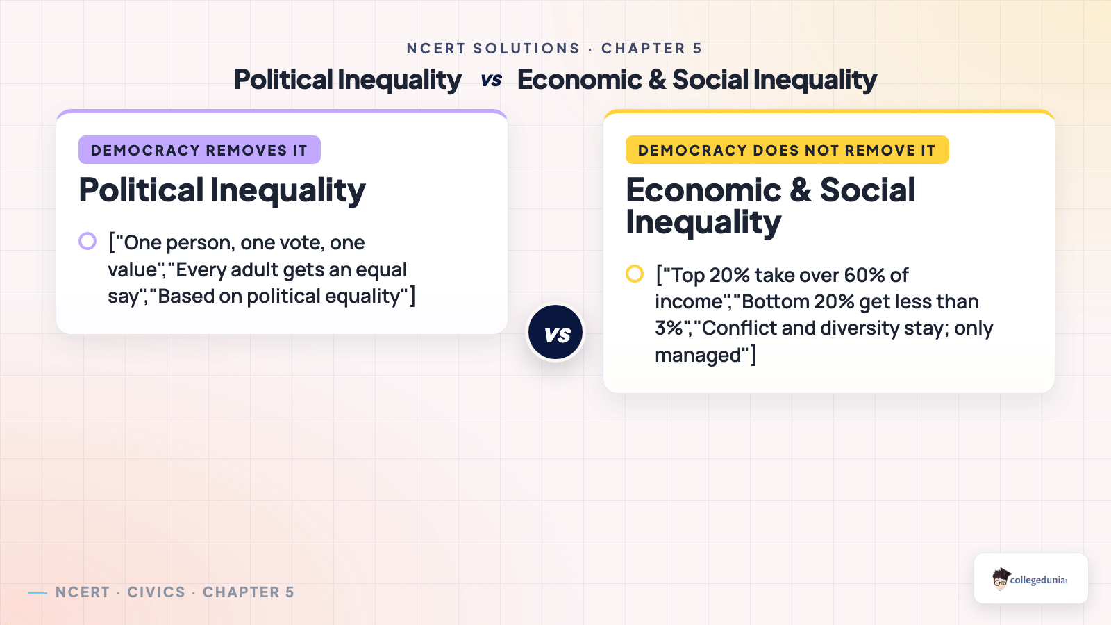 Political inequality removed by one vote one value versus economic and social inequality that still remains in democracies for Class 10 Civics