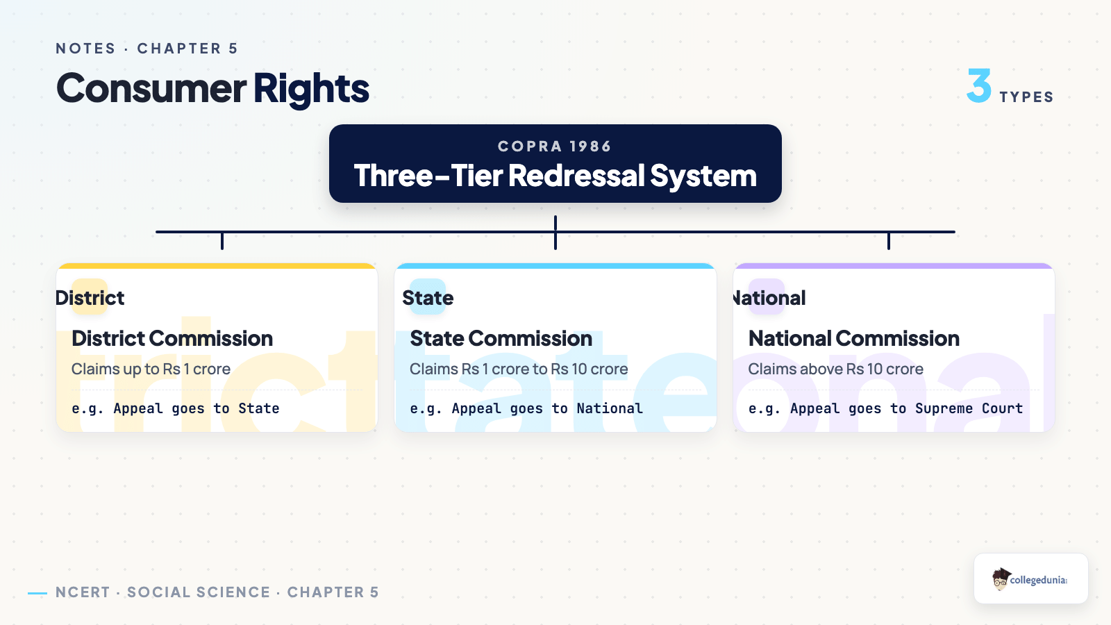 COPRA 1986 three-tier redressal system - District, State and National Commissions by claim value - Class 10 Economics