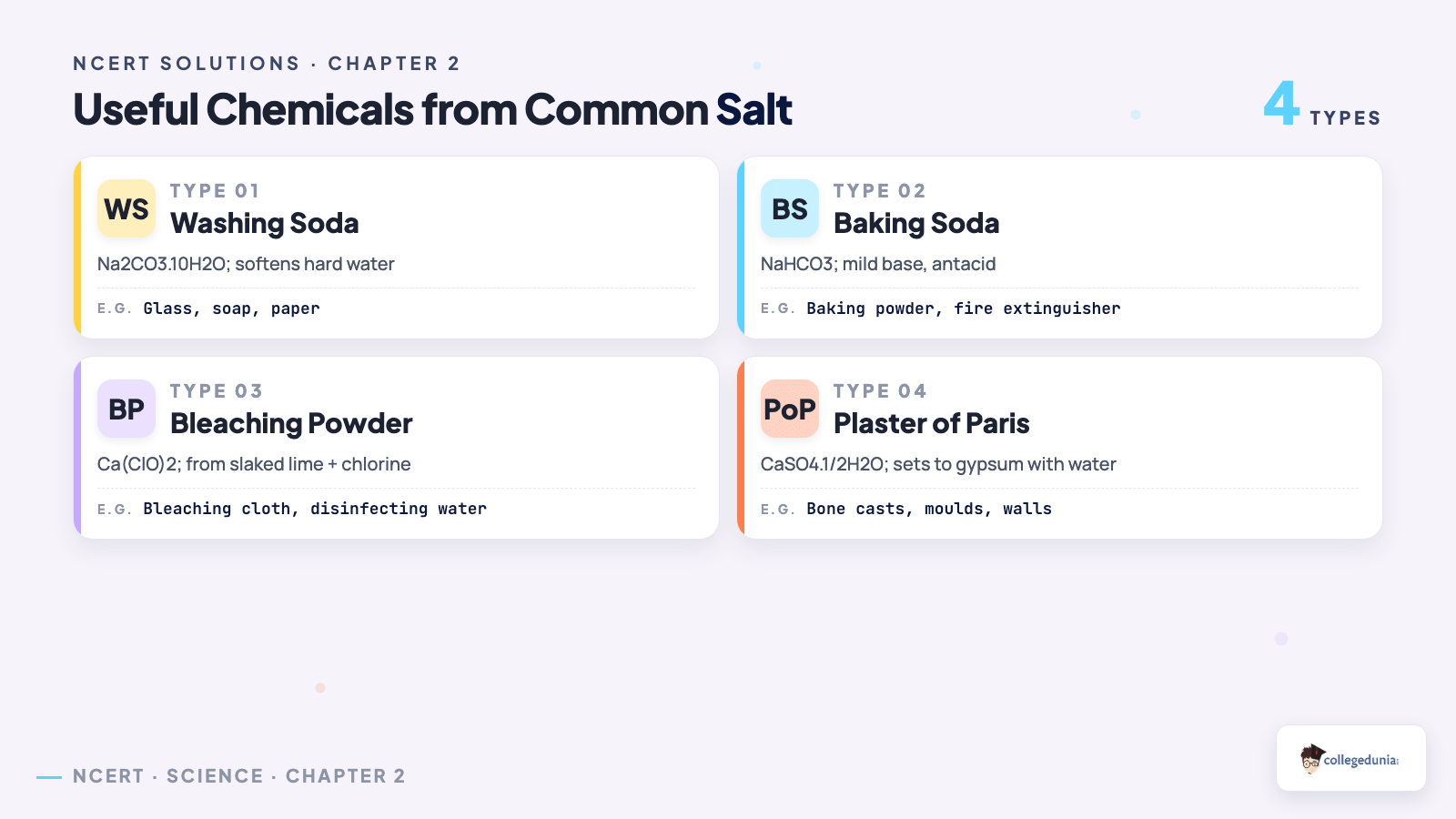 Salts and chemicals from common salt washing soda baking soda bleaching powder Plaster of Paris Class 10 Science