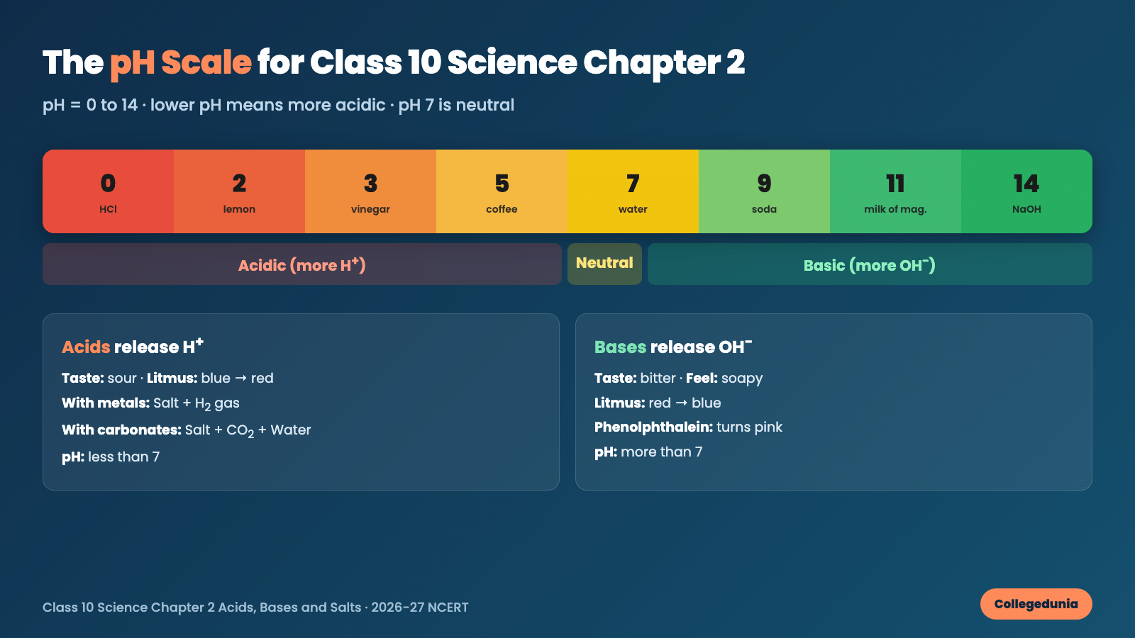 pH scale from 0 to 14 with acid and base properties for Class 10 Science