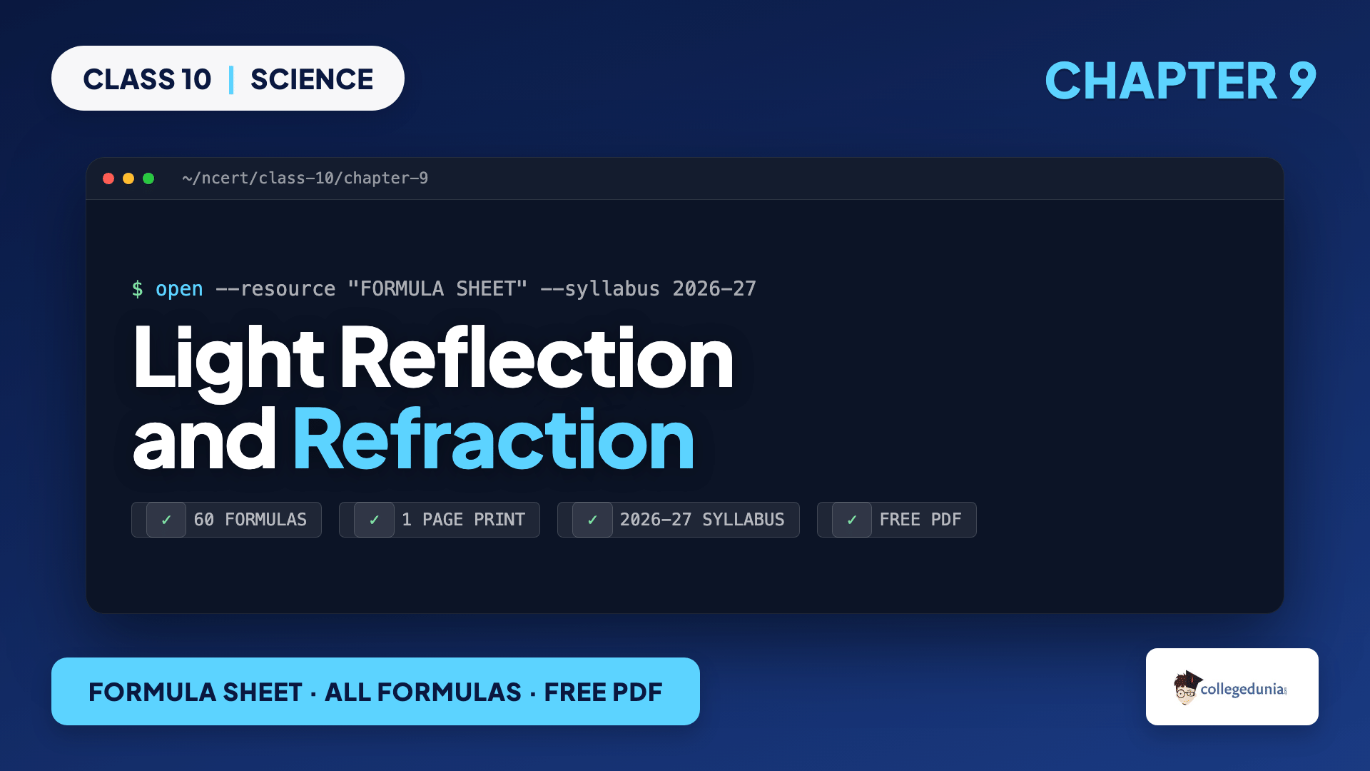 Light Reflection and Refraction Formula Sheet - Class 10 Science