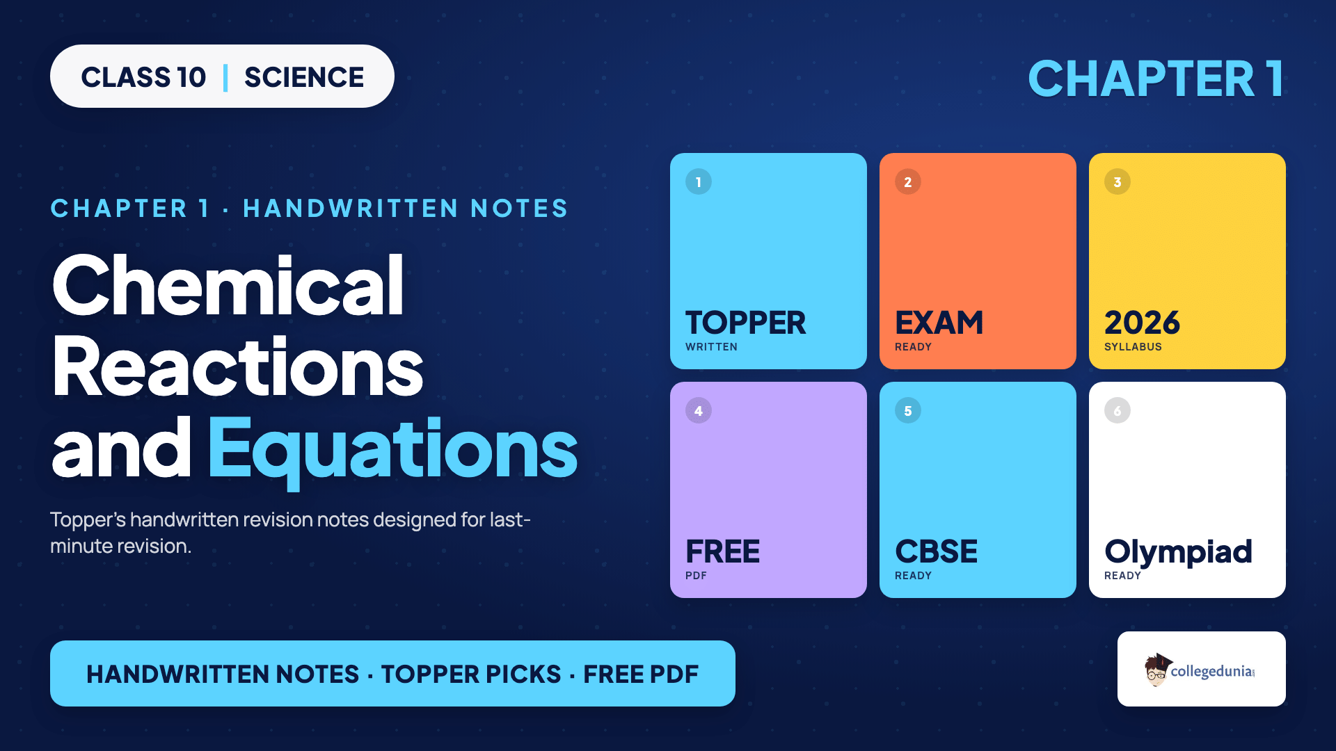 Chemical Reactions and Equations handwritten notes for Class 10 Science Chapter 1 on balancing equations and reaction types