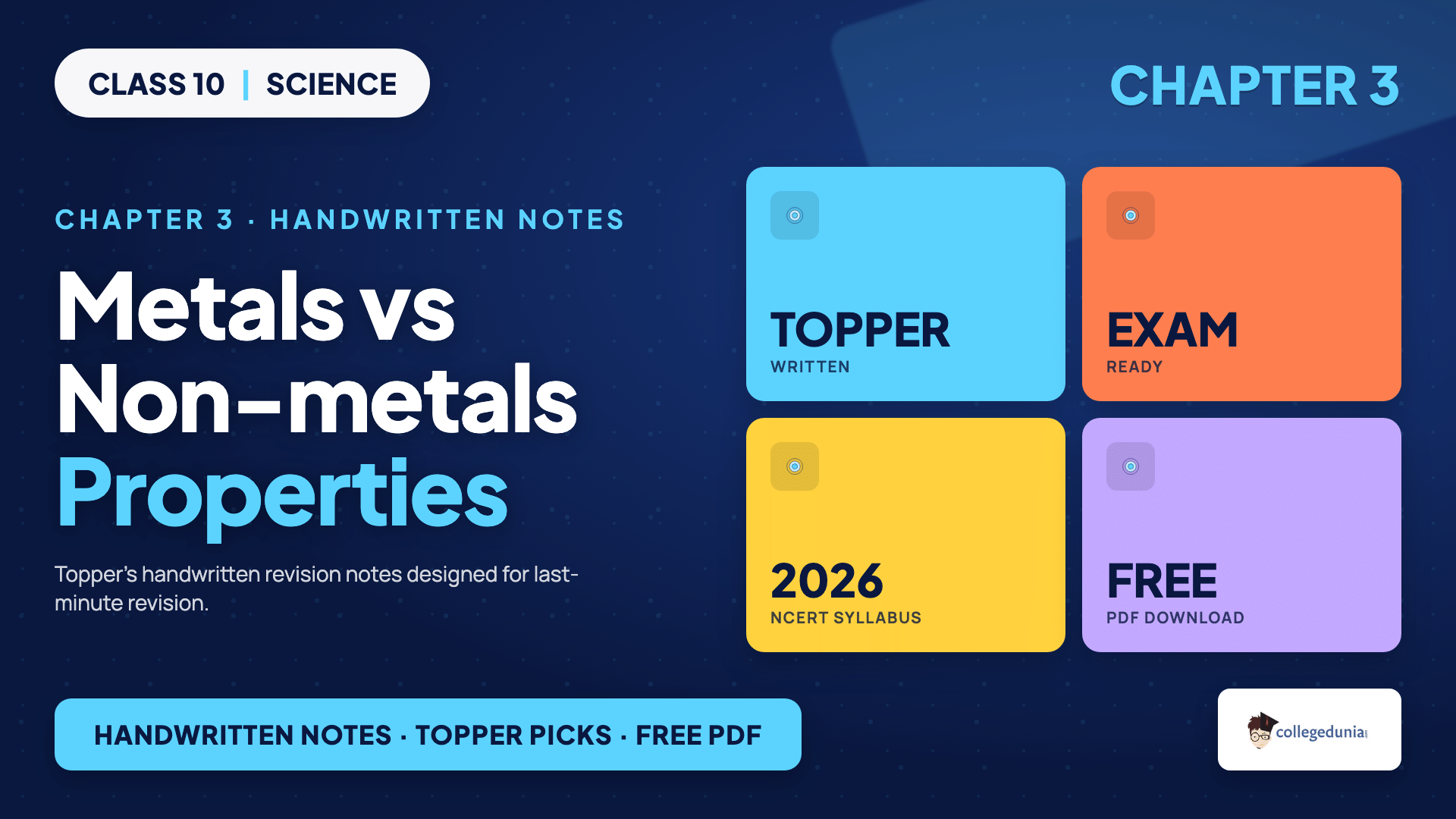Metals versus non-metals properties comparison chart for Class 10 Science Chapter 3 handwritten notes