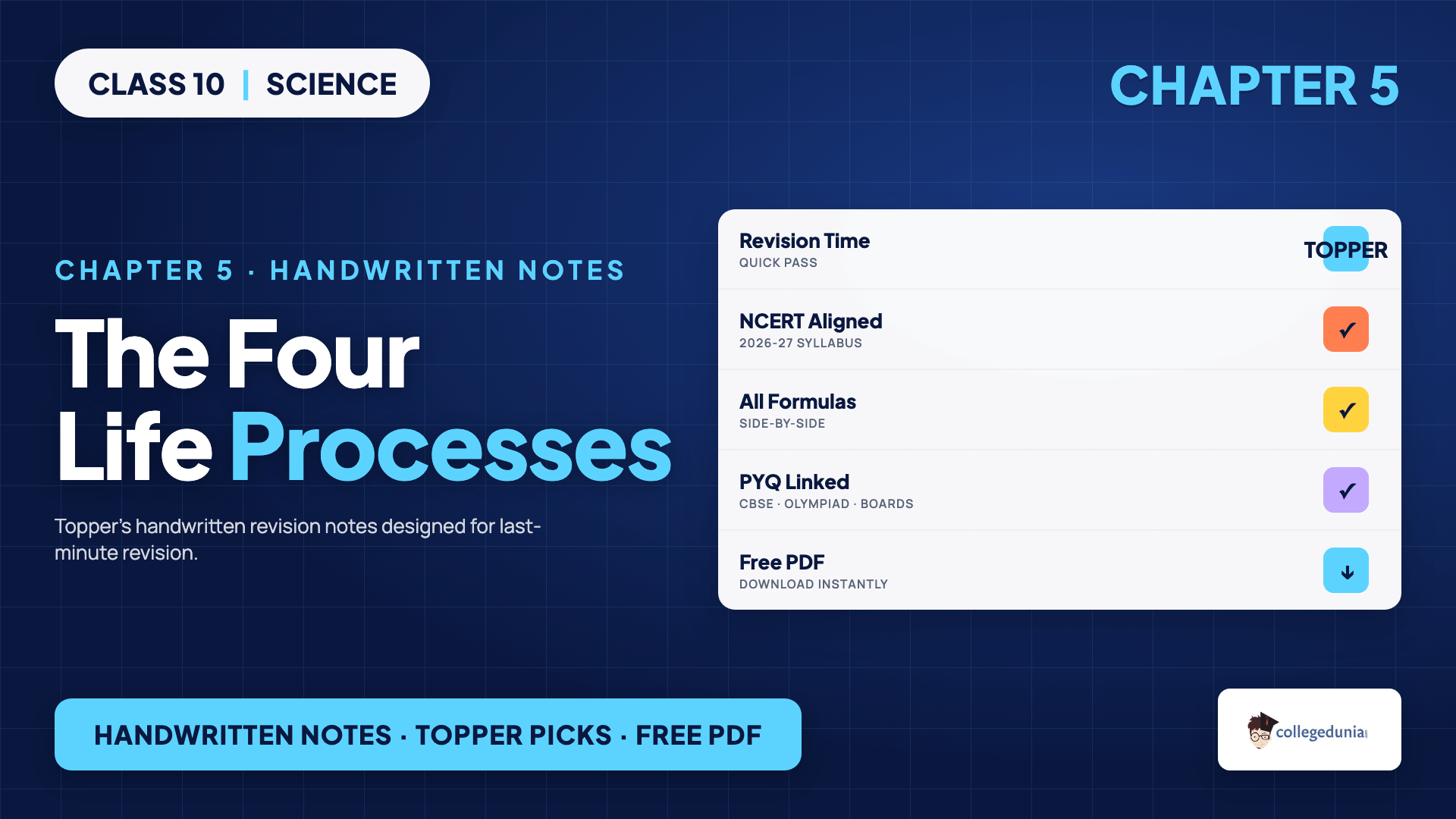 Four life processes overview chart for Class 10 Science Chapter 5 Life Processes handwritten notes