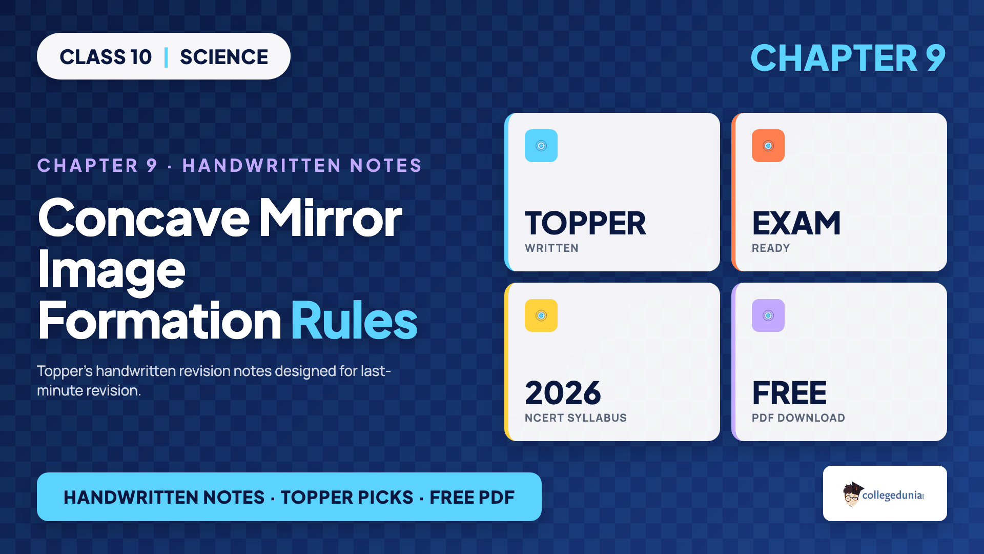 Concave mirror image formation table for different object positions for Class 10 Science Chapter 9 Light Reflection and Refraction handwritten notes