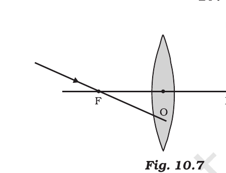 Fig. 10.7 - A ray passing through the focus F before a convex lens.