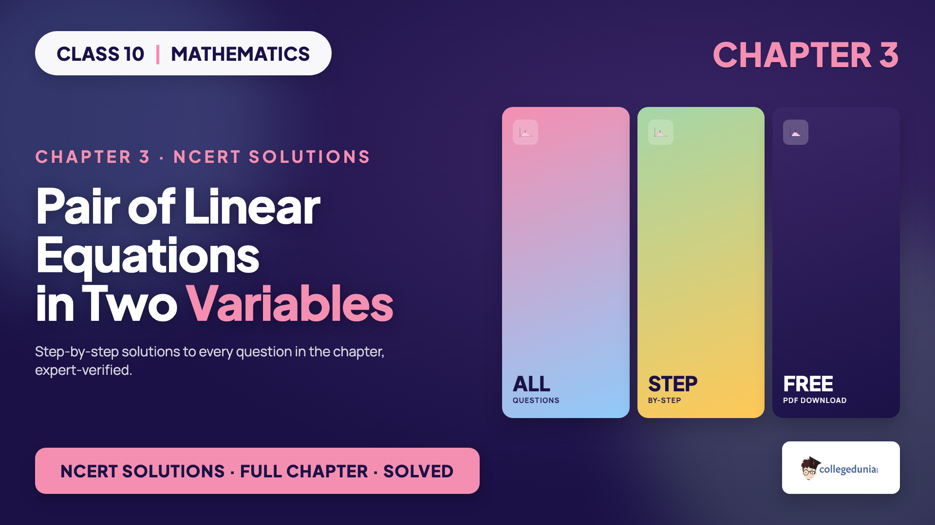 Class 10 Maths Chapter 3 Pair of Linear Equations in Two Variables NCERT Solutions cover showing two intersecting lines, the graphical method and the coefficient ratio conditions