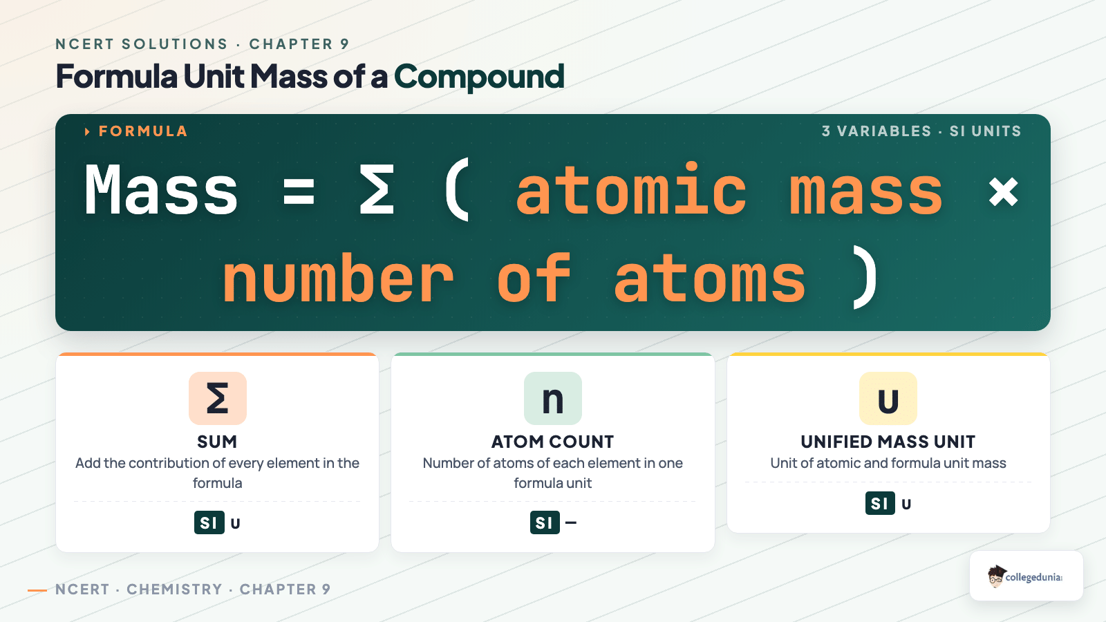 Formula unit mass of a compound calculated by adding atomic mass times number of atoms for Class 9 Science