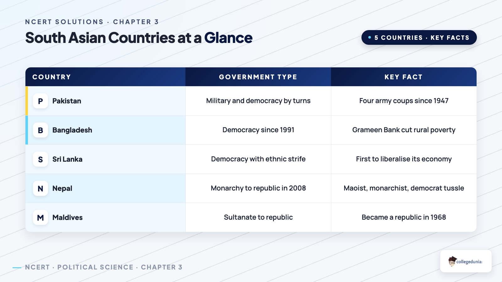 Comparison of South Asian countries and their forms of government for Class 12 Political Science Chapter 3