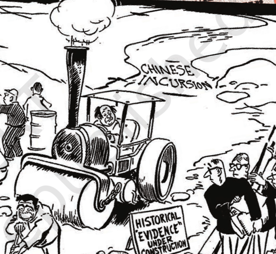 R.&nbsp;K. Laxman's cartoon on the 1962 China
war: a steam-roller labelled ``Chinese Incursion'' rolls over ``Historical
Evidence Under Construction'', mocking China's shifting claims on the border.
NCERT <em>Politics in India since Independence