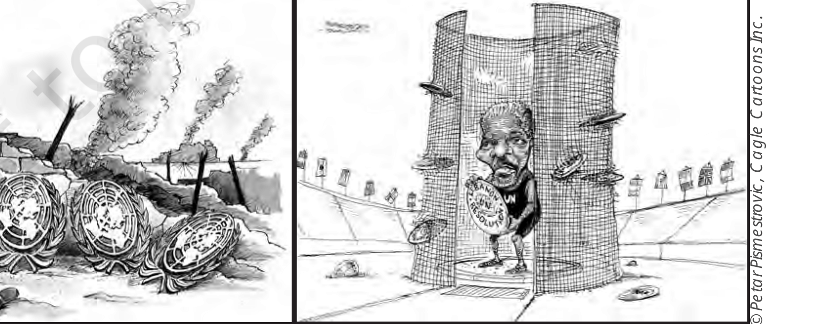 Cartoons by Harry Harrison and Petar
Pismestrovic, Cagle Cartoons Inc., NCERT <em>Contemporary World Politics