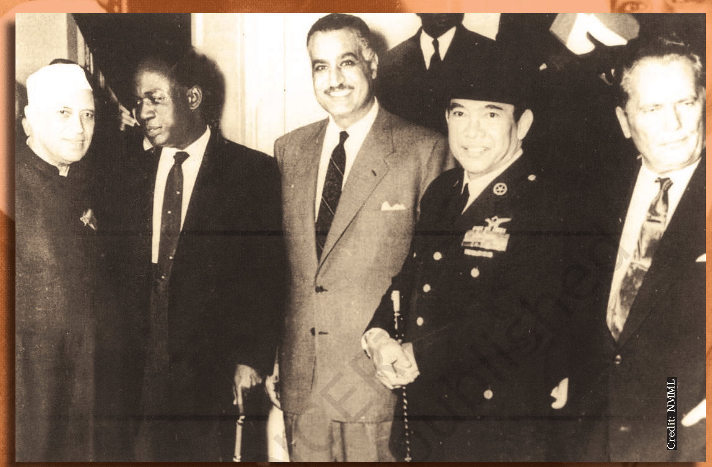 Nehru with Nkrumah of Ghana, Nasser of Egypt,
Sukarno of Indonesia and Tito of Yugoslavia at a meeting of non-aligned
nations, New York, October 1960. These five formed the core leadership of the
Non-Aligned Movement. NCERT <em>Politics in India since Independence