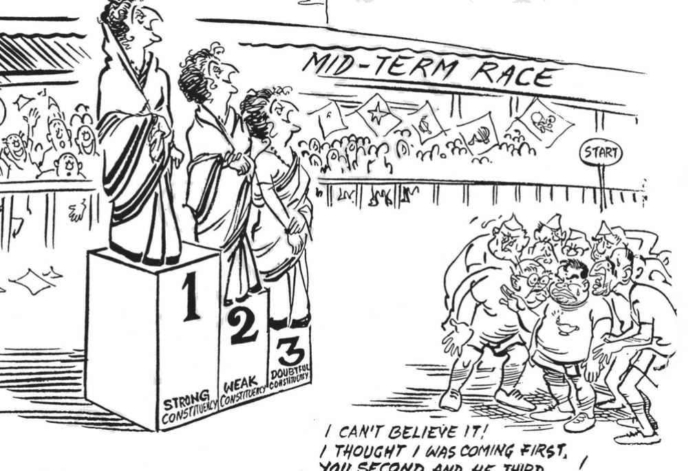 ``The Grand Finish'': a cartoonist's
reading of the 1971 election. The players on the ground are the leading
opposition figures of the Grand Alliance, who finished a ``grand failure'' with
fewer than 60 seats. R.&nbsp;K.&nbsp;Laxman, The Times of India. NCERT Politics in India
Since Independence, Class 12, Chapter 5.