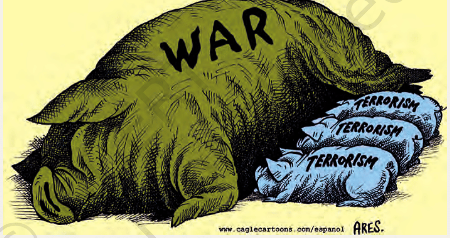 Cartoon by Ares, Cagle Cartoons Inc.,
NCERT Contemporary World Politics Class 12, Chapter 5. A large green beast
labelled WAR sleeps while three small blue creatures labelled TERRORISM hatch
from behind it.