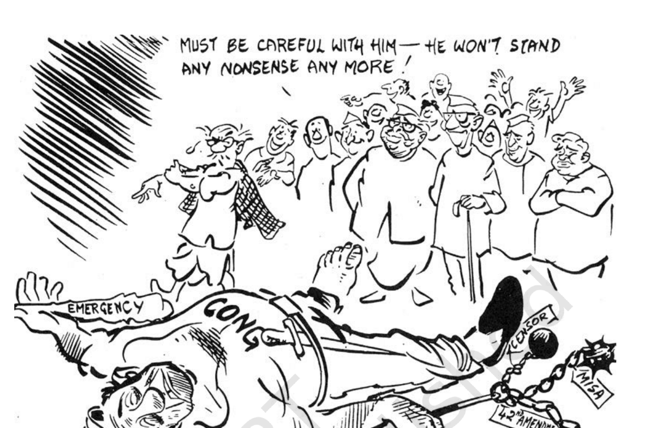 R.&nbsp;K. Laxman's cartoon (The Times of
India, 29 March 1977). NCERT, Politics in India Since Independence, Class 12,
Chapter 6. The common man stands tall while the ``Emergency'' lies defeated; the
opposition leaders, Jagjivan Ram, Morarji Desai, Charan Singh and Atal Behari
Vajpayee, gather behind him after the 1977 verdict.