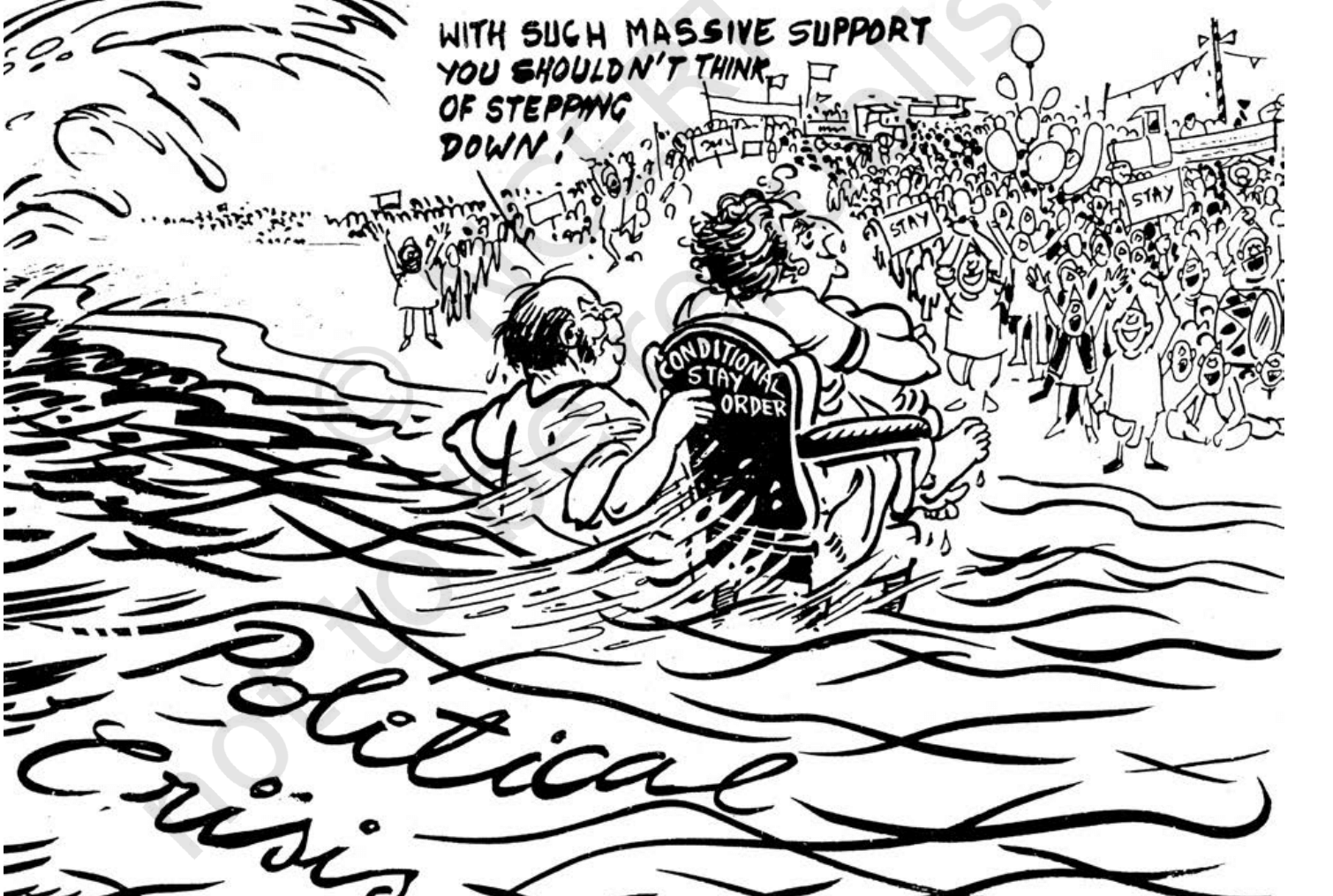 R.&nbsp;K. Laxman's cartoon (The Times
of India, 26 June 1975). NCERT, Politics in India Since Independence, Class 12,
Chapter 6. It appeared a few days before the declaration of Emergency; Congress
President D.&nbsp;K. Barooah carries Indira Gandhi on a ``conditional stay order''
through the ``political crisis'', capturing the confrontation the government cited
as its reason.