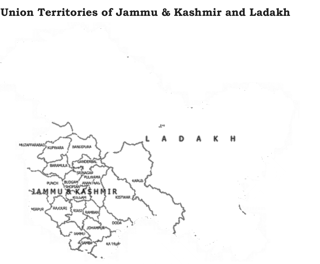 The three regions of Jammu & Kashmir and
Ladakh. NCERT, Politics in India Since Independence, Class 12, Chapter 7. Jammu
(foothills and plains, mainly Hindu), the Kashmir valley (mainly Kashmiri
Muslim) and Ladakh (mountainous, split between Buddhists and Muslims).