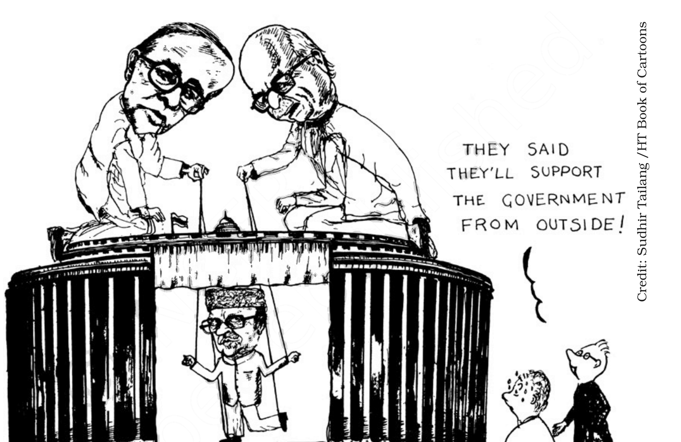 Cartoon by Sudhir Tailang, HT Book of Cartoons, NCERT Politics in India since Independence, Class 12, Chapter 8. The Left (Jyoti Basu) and the BJP (L.K. Advani) both ``support the government from outside,'' even though their ideologies are opposite.