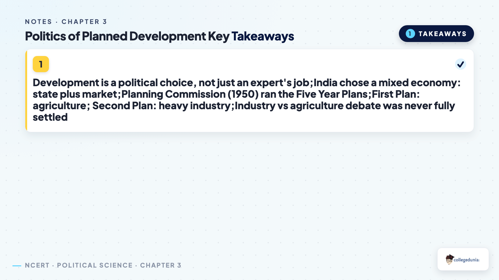 Key takeaways of Politics of Planned Development for Class 12 Political Science Notes