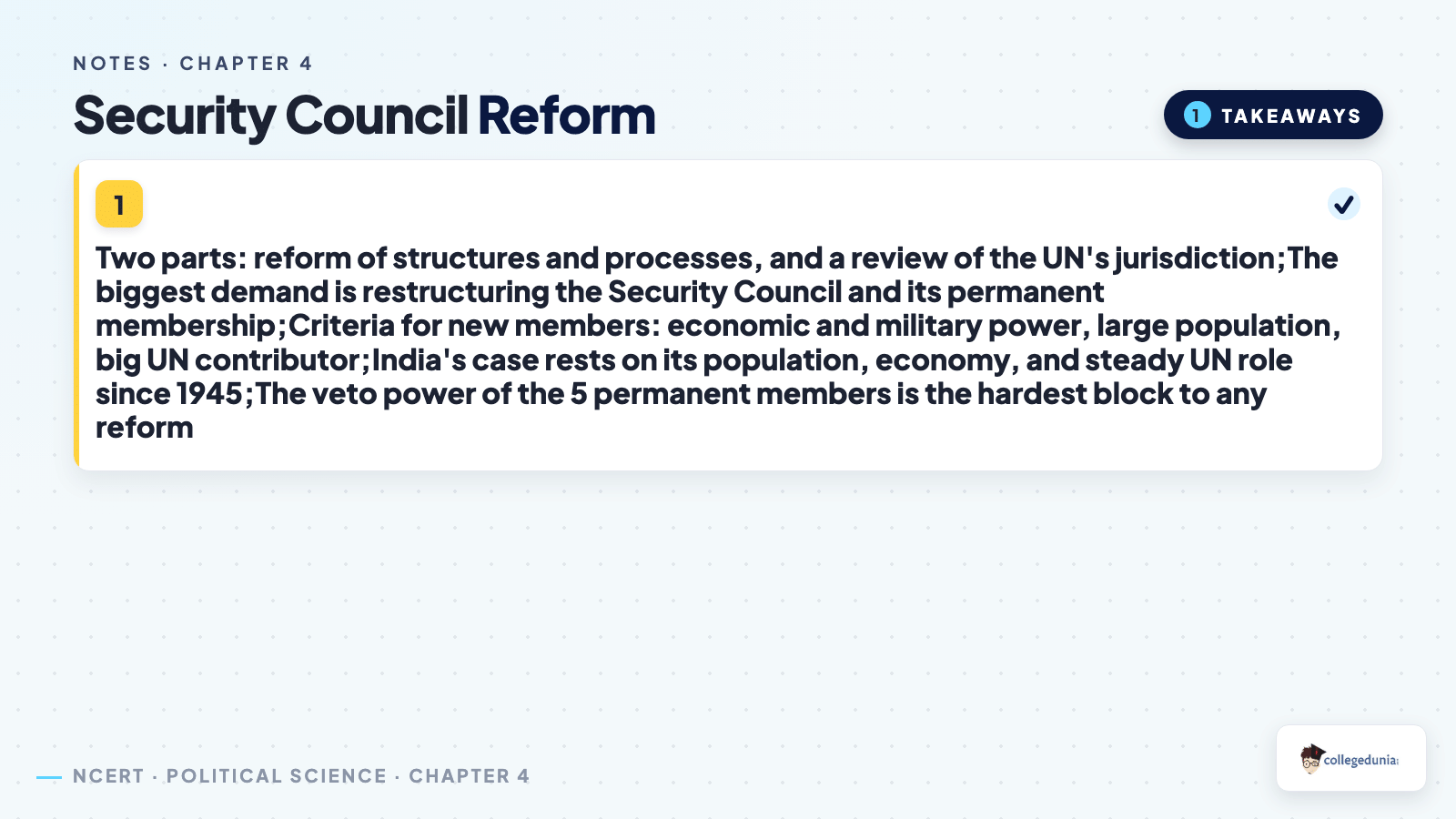 Key takeaways on Security Council reform for International Organisations Class 12 Notes