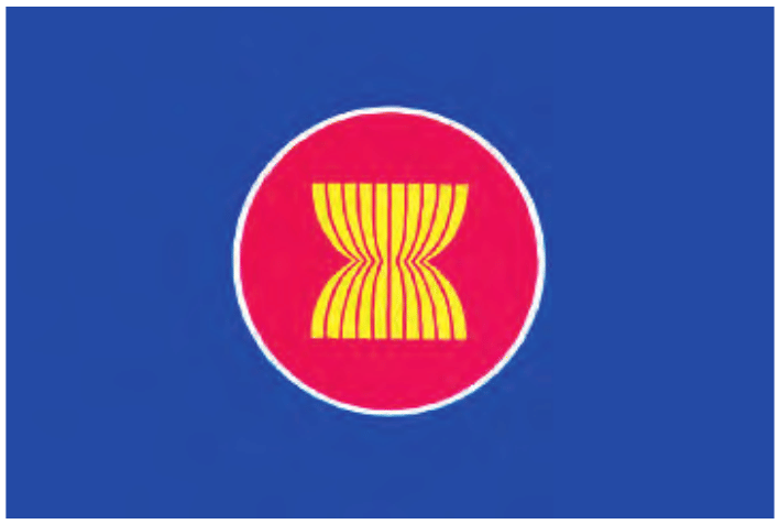 The ASEAN Flag, NCERT Contemporary World Politics Class 12, Chapter 2. The ten paddy stalks represent the ten member states; the circle symbolises unity.
