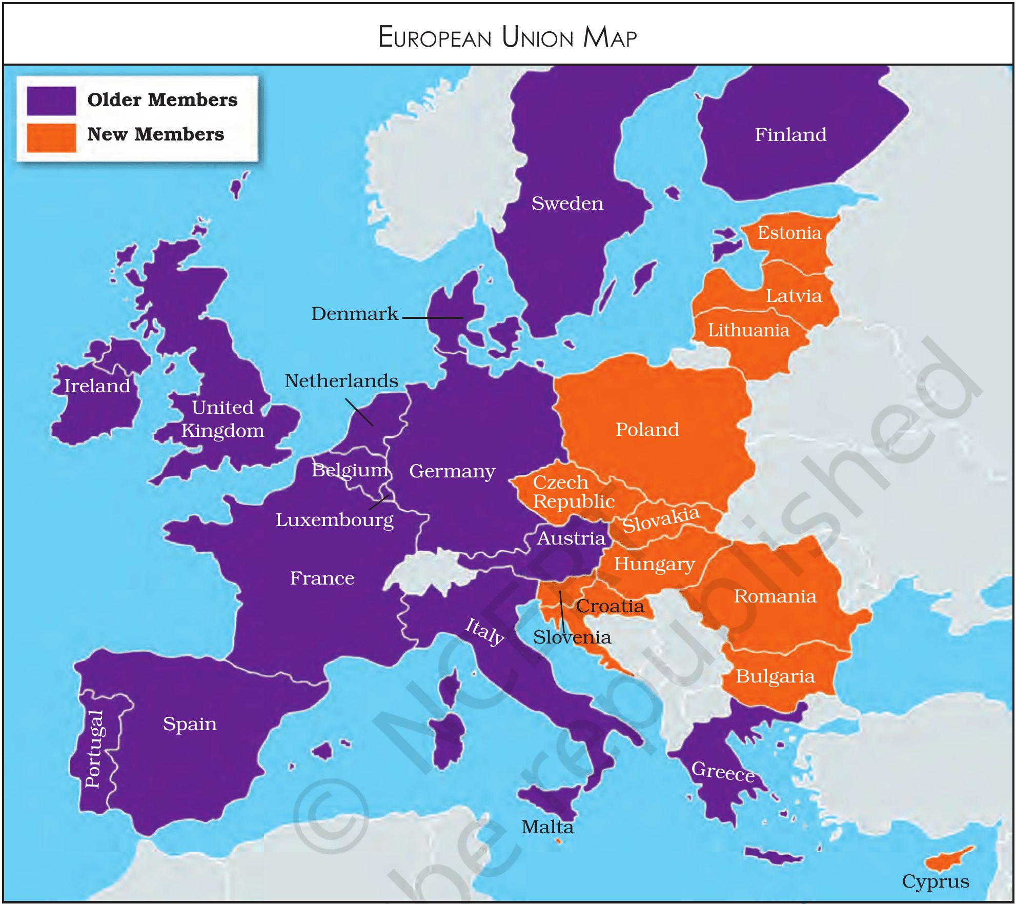 European Union Map, NCERT Contemporary World Politics Class 12, Chapter 2. Older members and newer members from the former Soviet bloc together make the EU a continent-wide bloc.