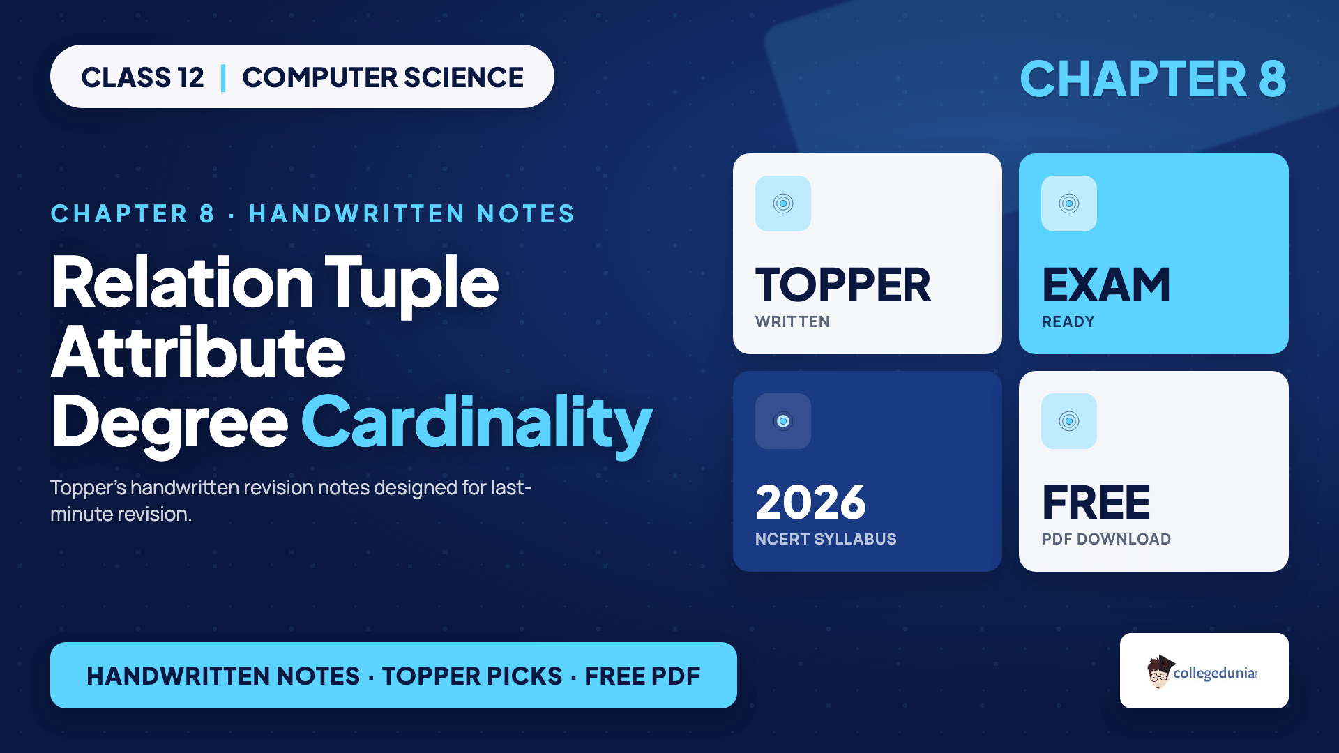 Relational model terms relation, tuple, attribute, degree and cardinality for Class 12 Computer Science Chapter 8 Database Concepts handwritten notes