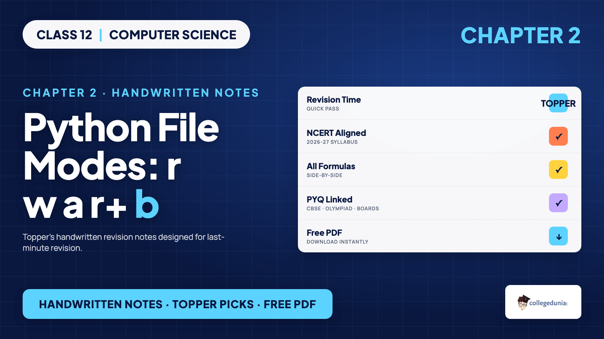 Python file modes table for Class 12 Computer Science Chapter 2 handwritten notes