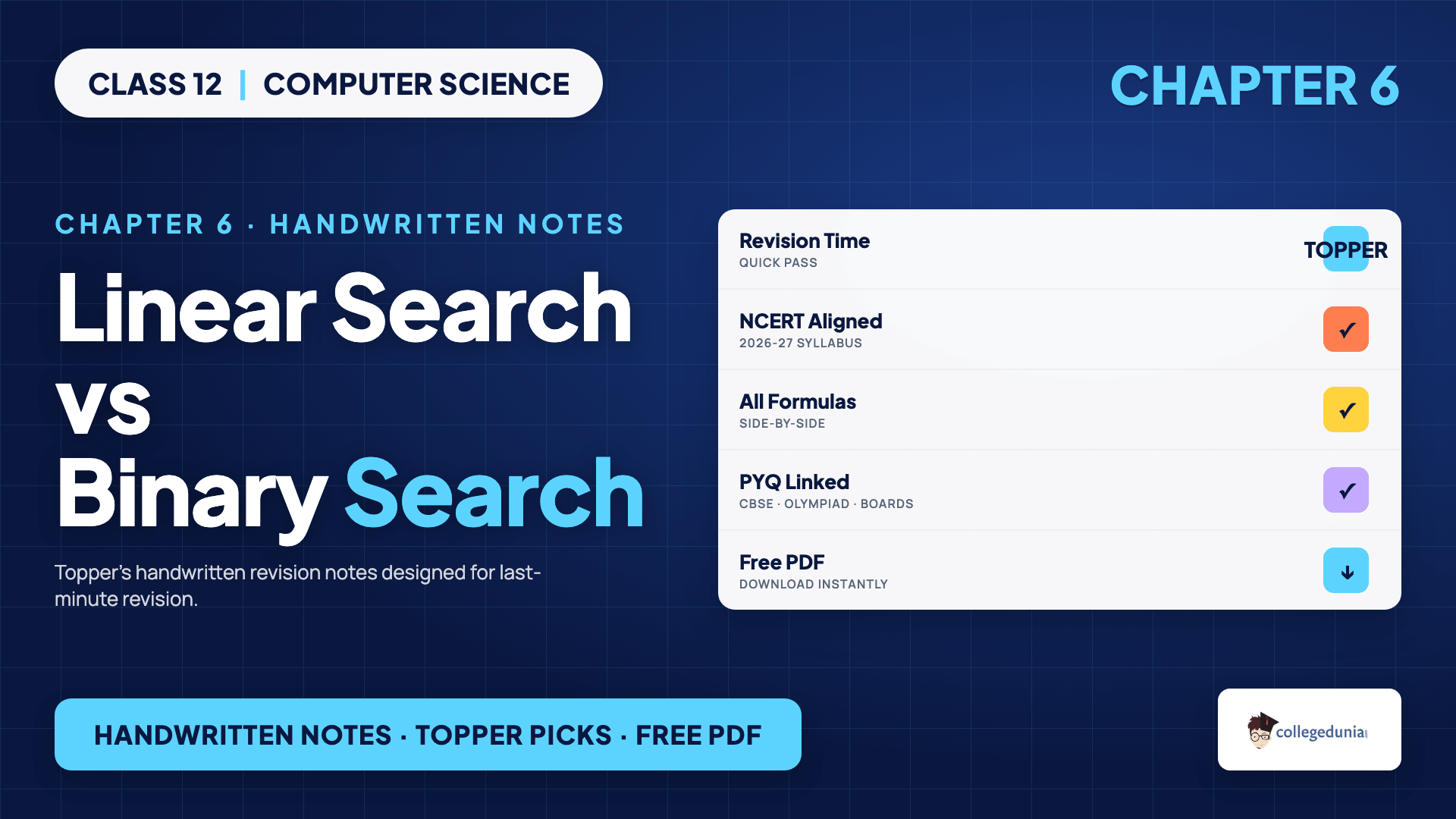 Linear search vs binary search comparison for Class 12 Computer Science Chapter 6 Searching handwritten notes