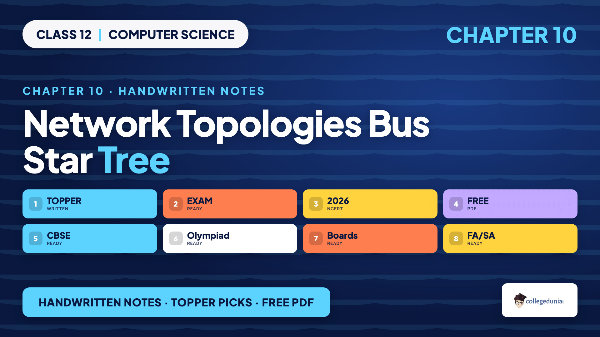 Network topologies bus star tree ring mesh diagram for Class 12 Computer Science Chapter 10 handwritten notes
