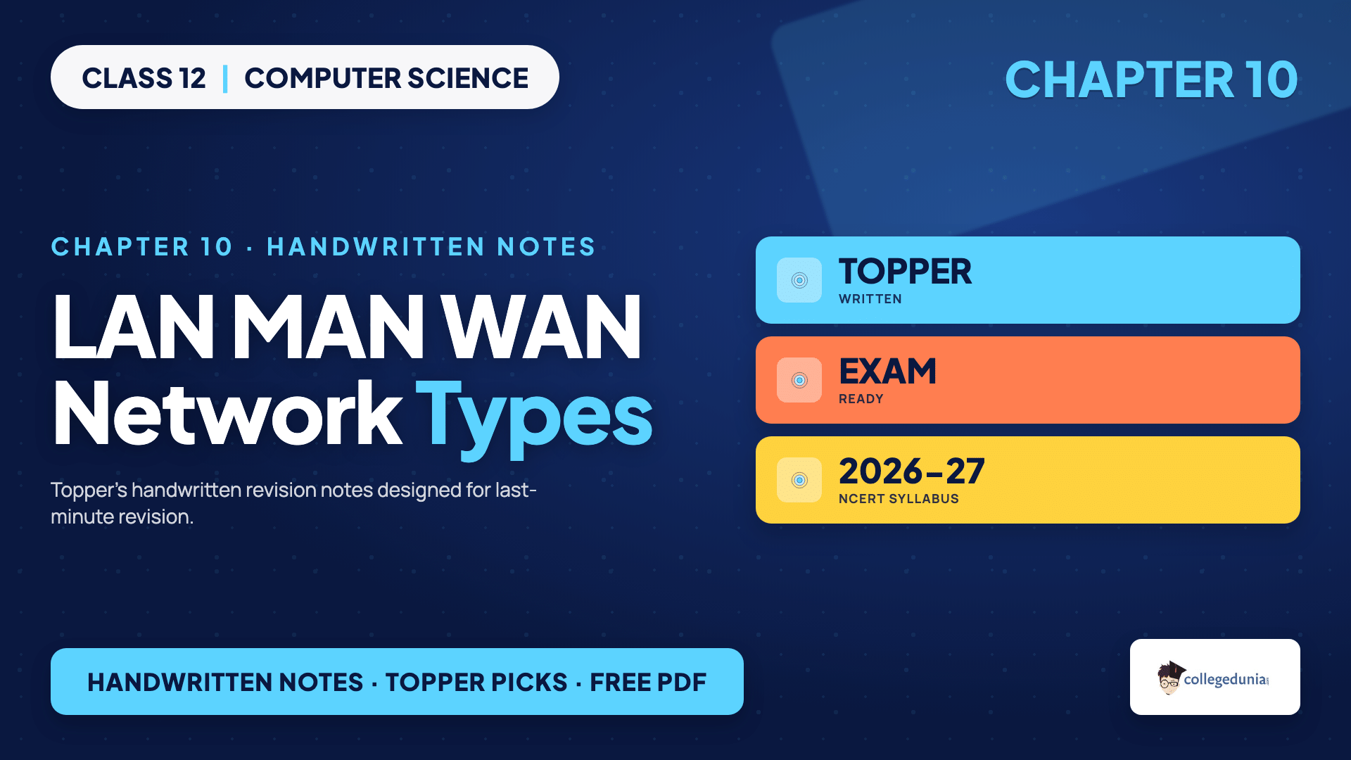 Network types LAN MAN WAN comparison for Class 12 Computer Science Chapter 10 Computer Networks handwritten notes