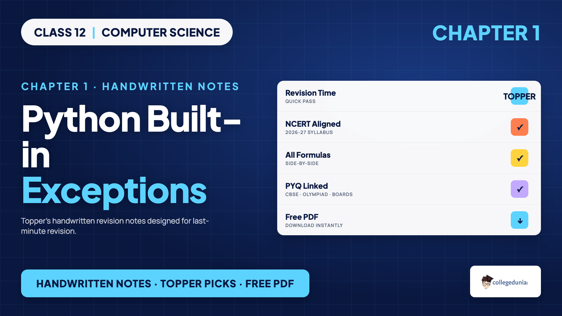 Python built-in exceptions checklist for Class 12 Computer Science Chapter 1 handwritten notes