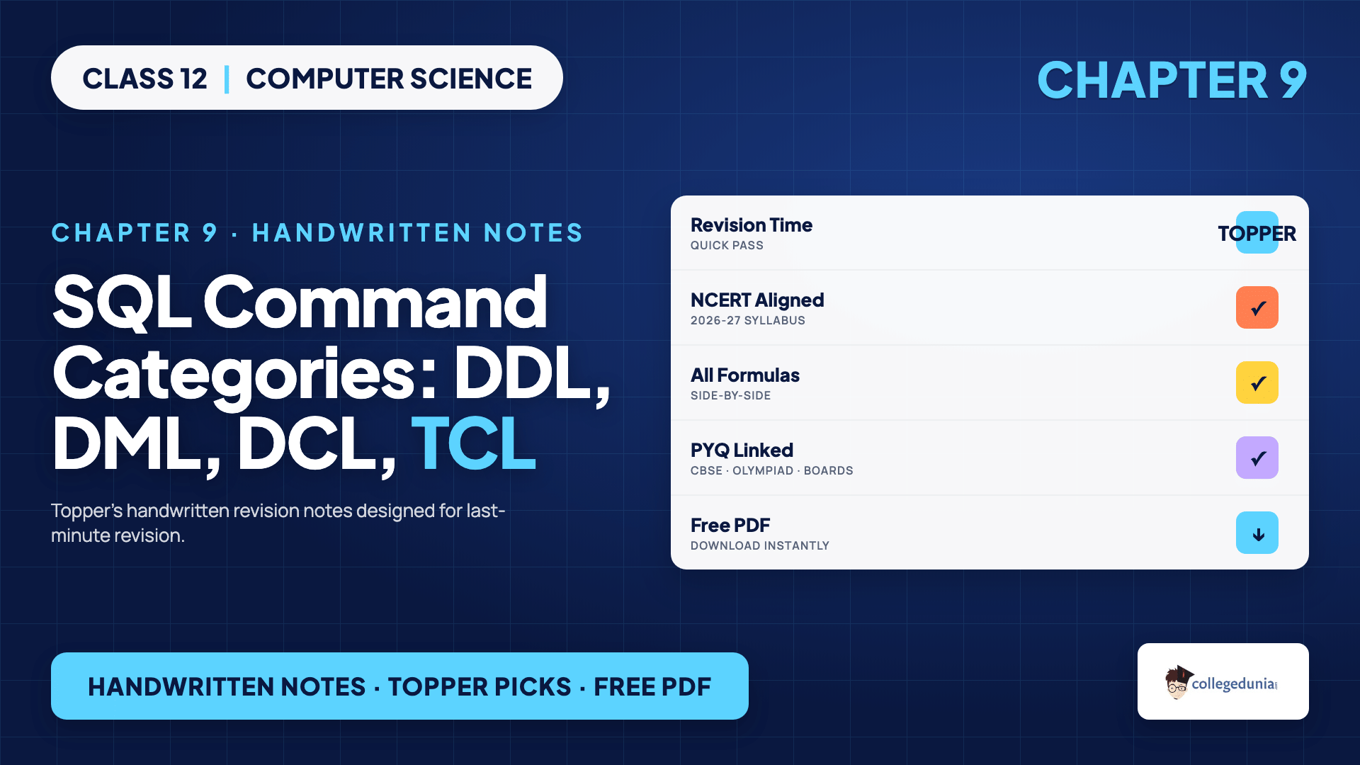 SQL command categories DDL DML DCL TCL map for Class 12 Computer Science Chapter 9 handwritten notes