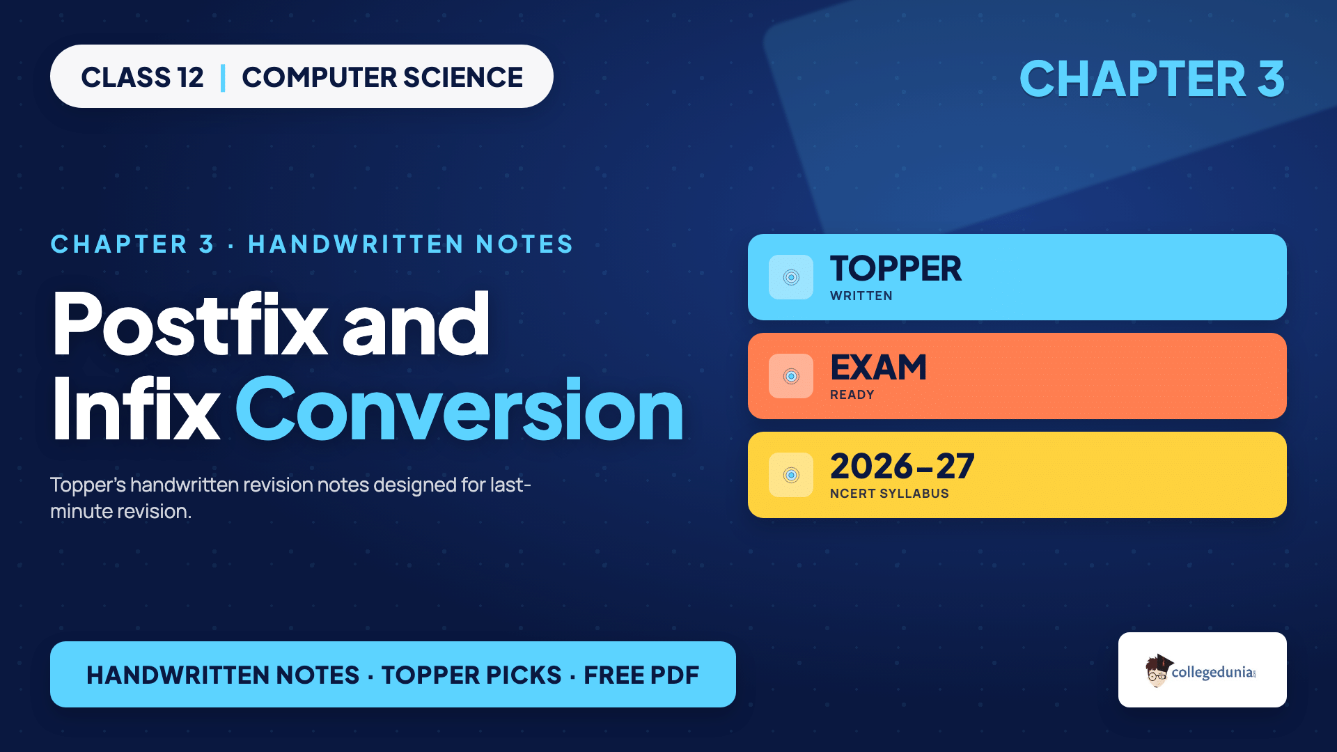 Postfix evaluation and infix to postfix conversion handwritten trace for Class 12 Computer Science