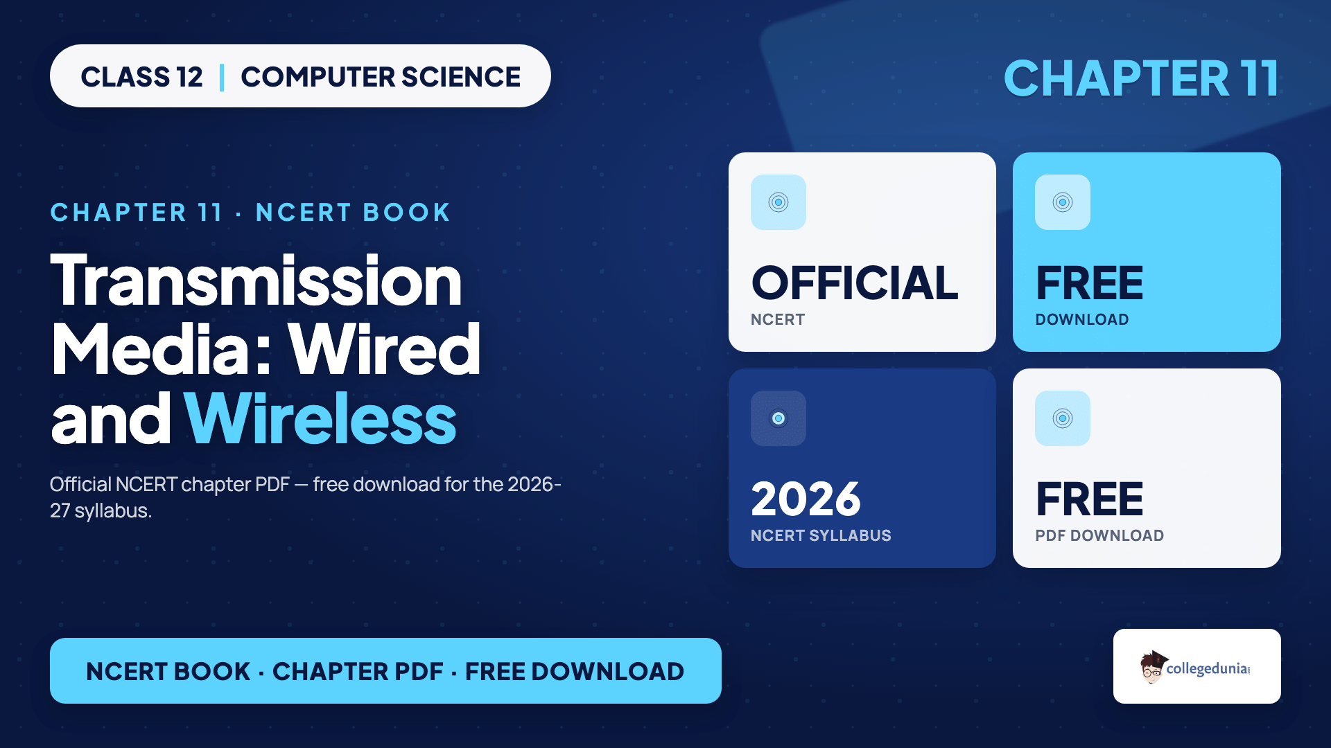 Classification of transmission media into wired media of twisted pair, coaxial and fiber-optic, and wireless media of radio, micro and infrared waves, covered in Class 12 Computer Science Chapter 11 Data Communication NCERT chapter
