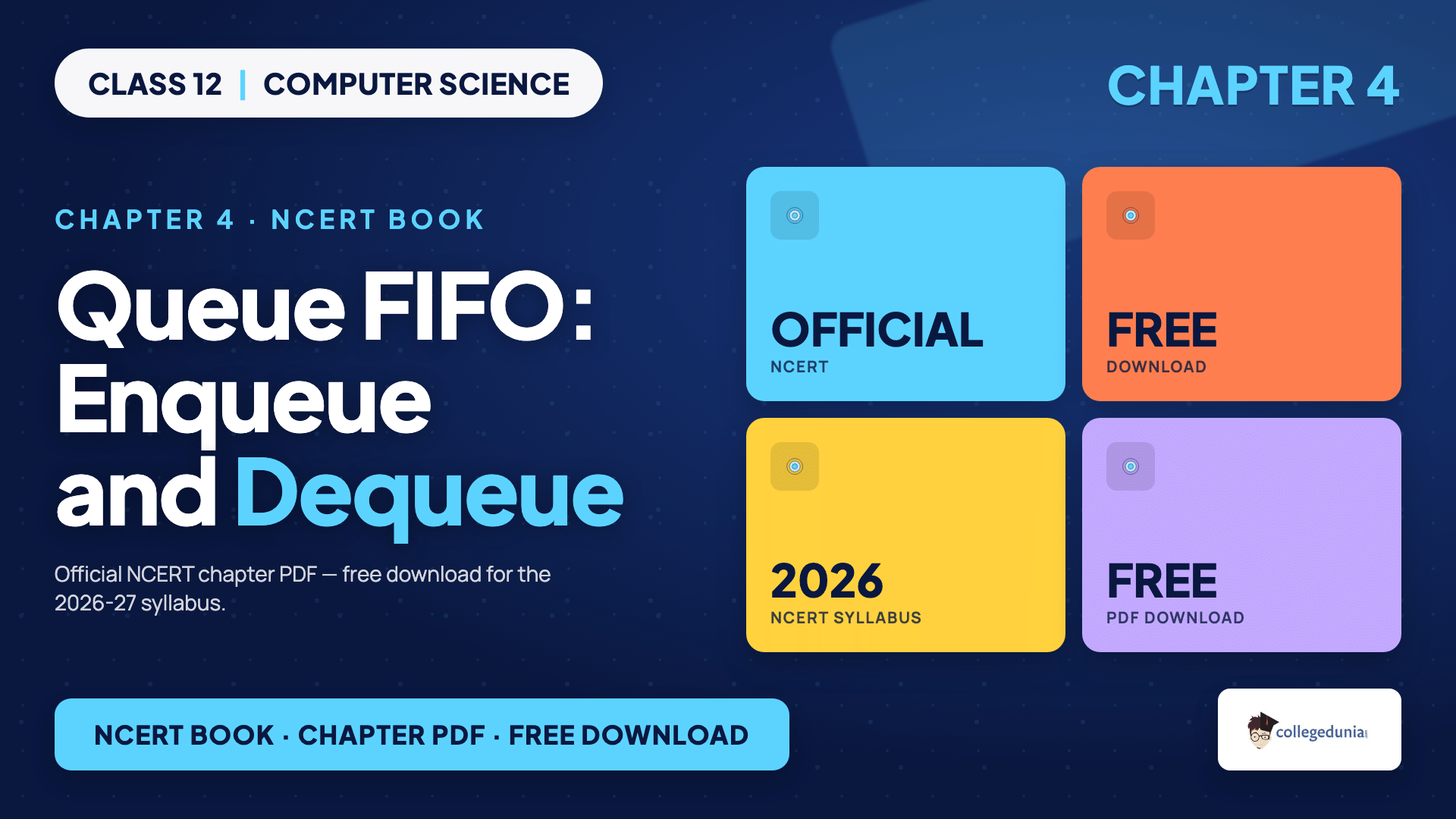FIFO flow of a queue showing enqueue adding at the rear and dequeue removing from the front for Class 12 Computer Science Chapter 4 Queue NCERT chapter