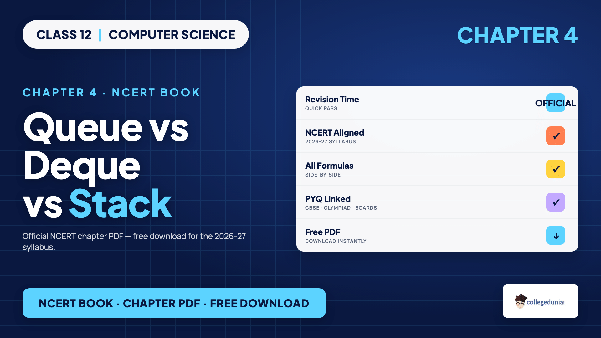Comparison of queue, deque and stack showing single-end versus double-end access covered in Class 12 Computer Science Chapter 4 Queue NCERT chapter