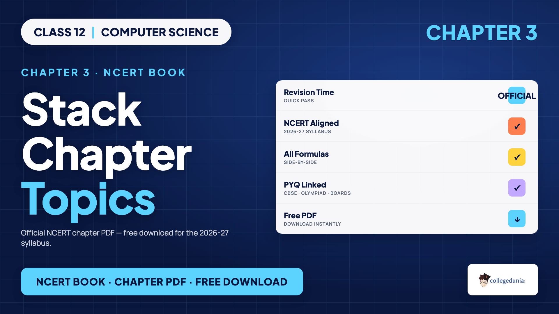 Topics covered in the Class 12 Computer Science Chapter 3 Stack NCERT Book