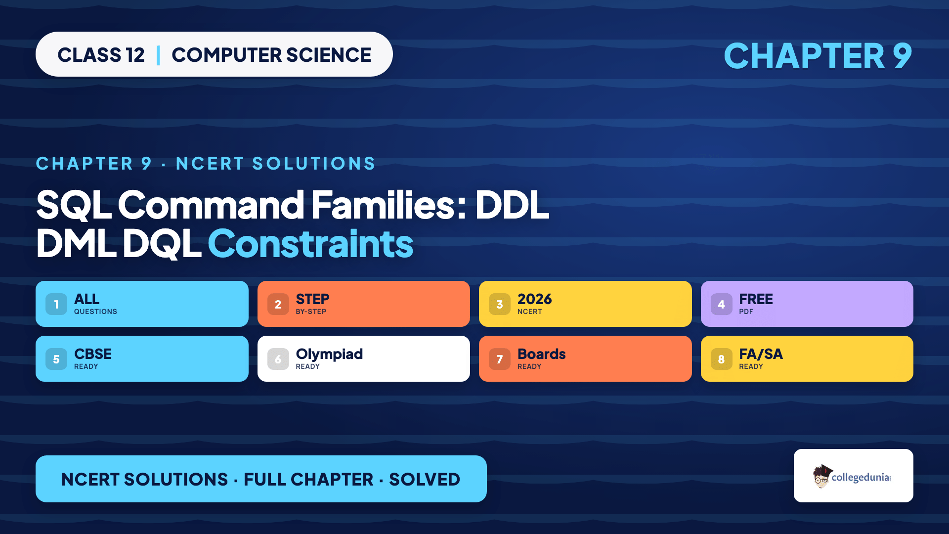 SQL command families DDL DML DQL and constraints for Class 12 Computer Science Chapter 9