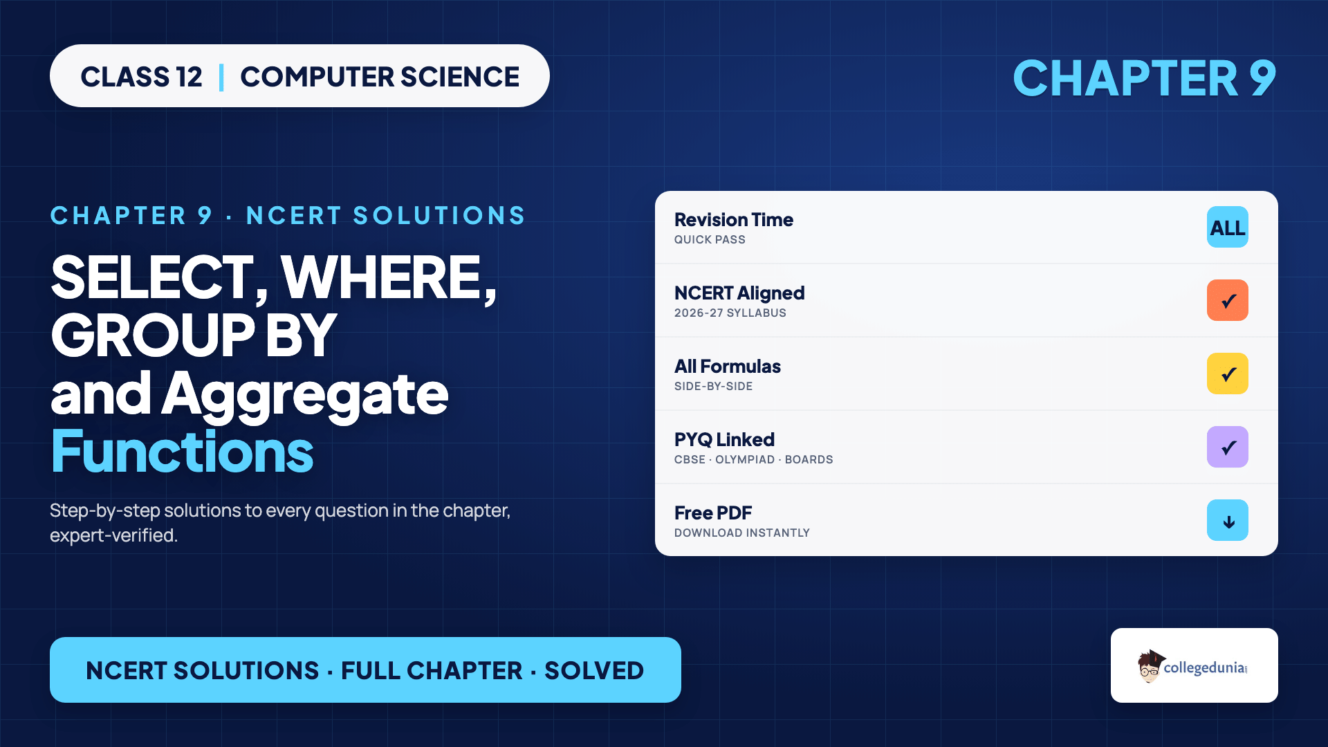 SQL SELECT WHERE GROUP BY and aggregate functions for Class 12 Computer Science Chapter 9