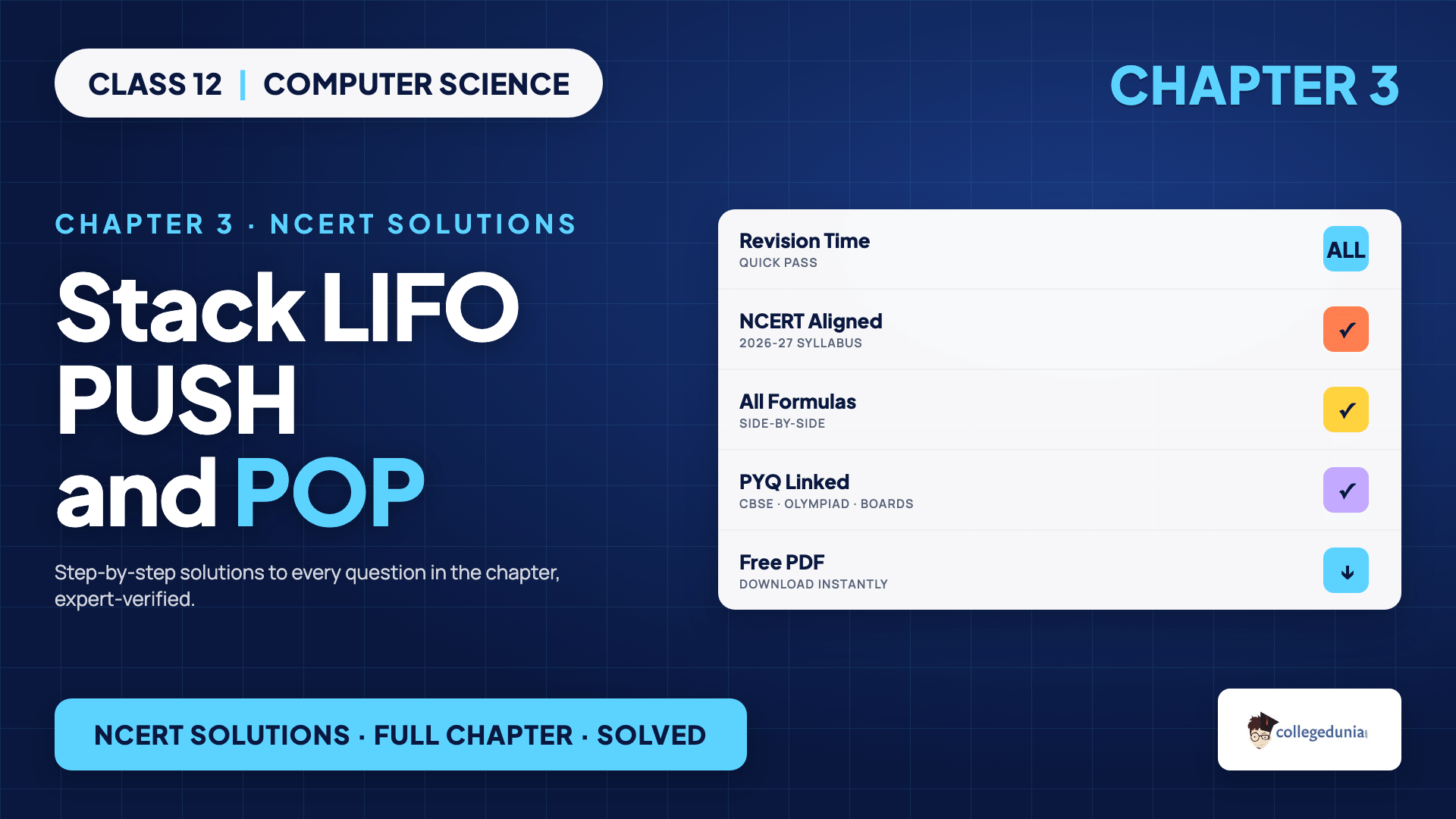 Stack LIFO with PUSH and POP operations for Class 12 Computer Science Chapter 3