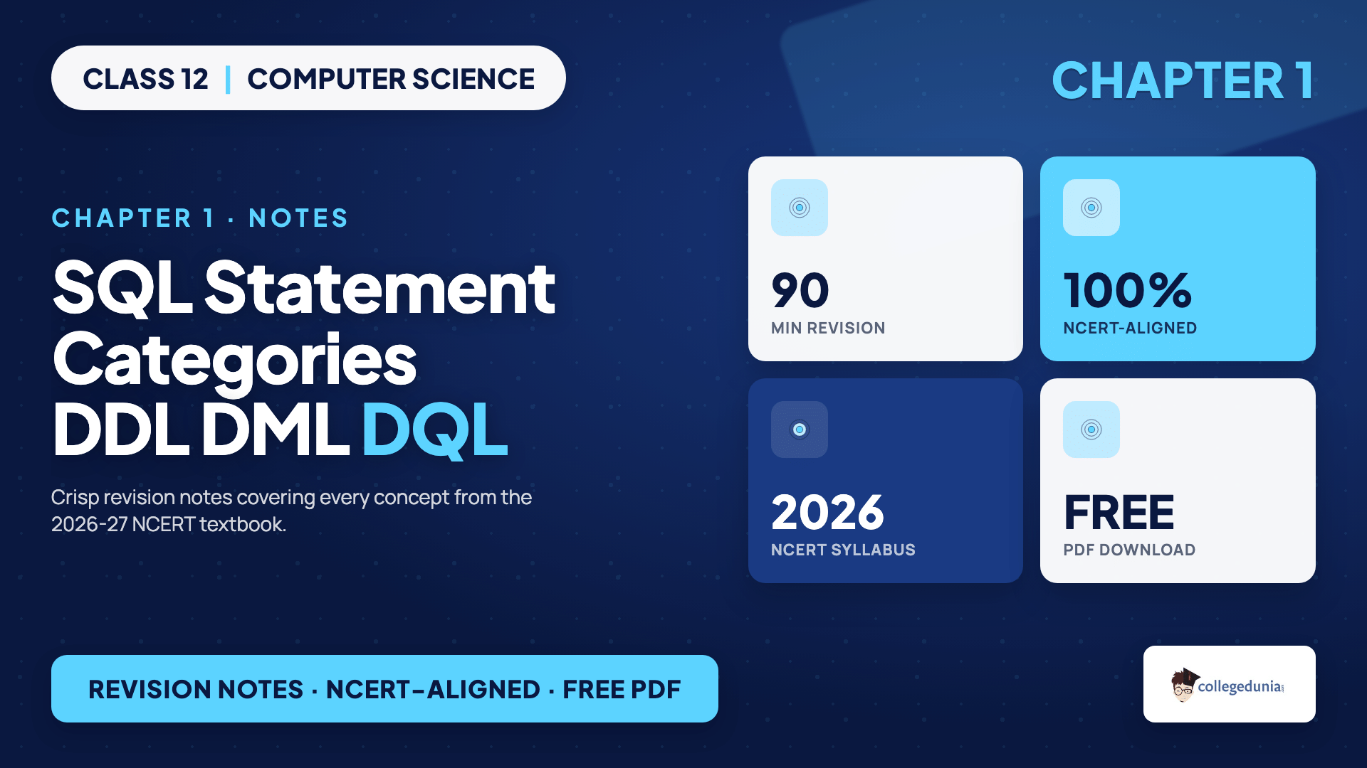 SQL statement categories DDL DML DQL for Class 12 Computer Science Chapter 9 Structured Query Language Notes