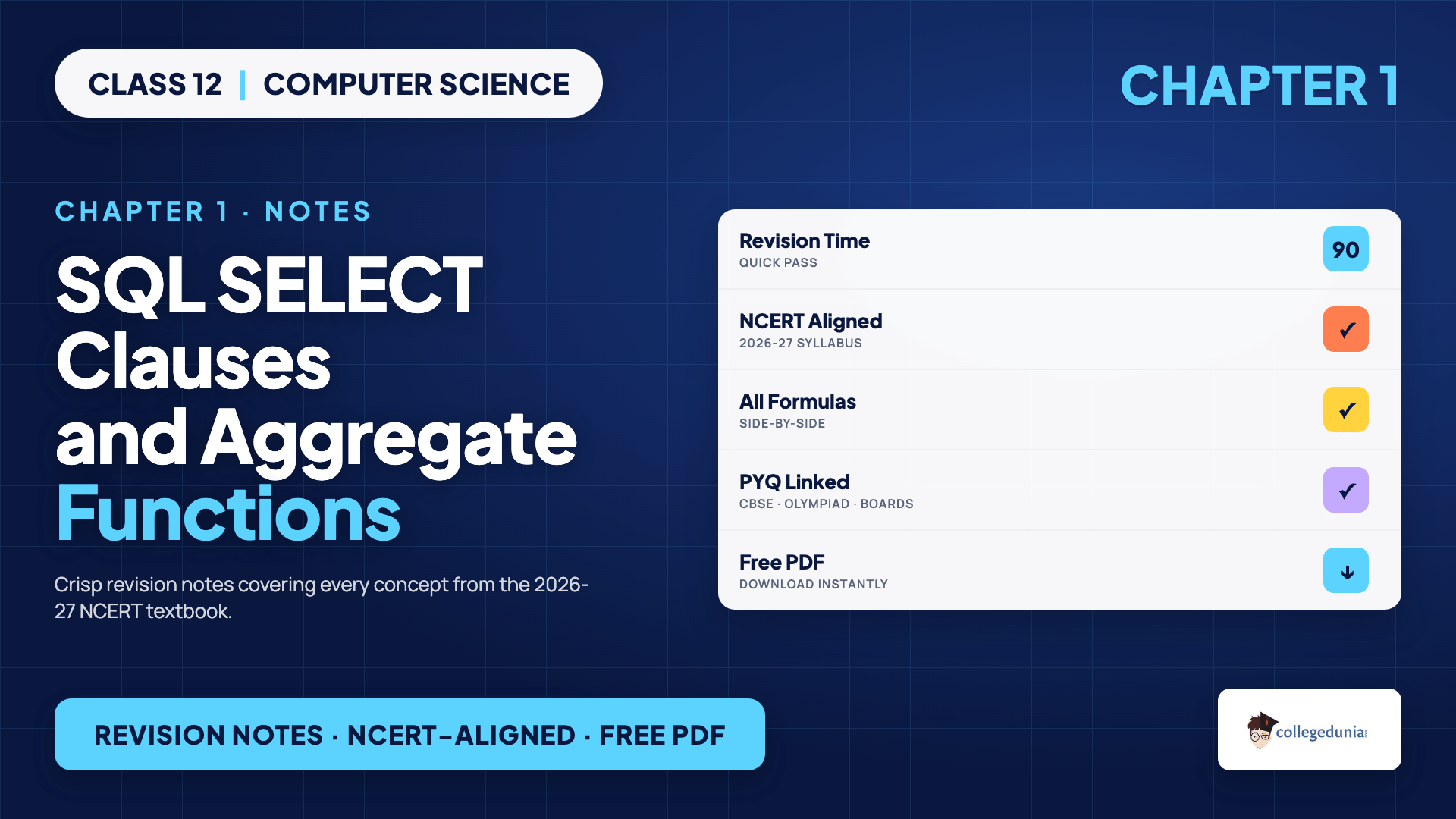 SQL SELECT clauses and aggregate functions for Class 12 Computer Science Chapter 9 Structured Query Language Notes