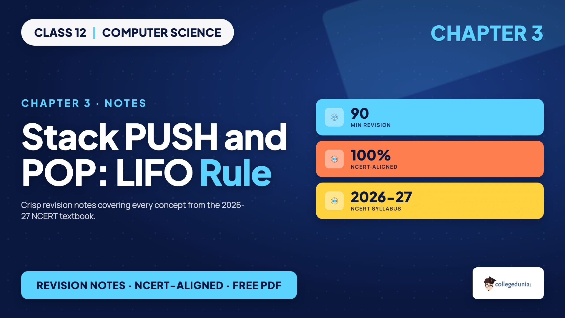 PUSH and POP operations and the LIFO rule on a stack for Class 12 Computer Science Chapter 3 Notes